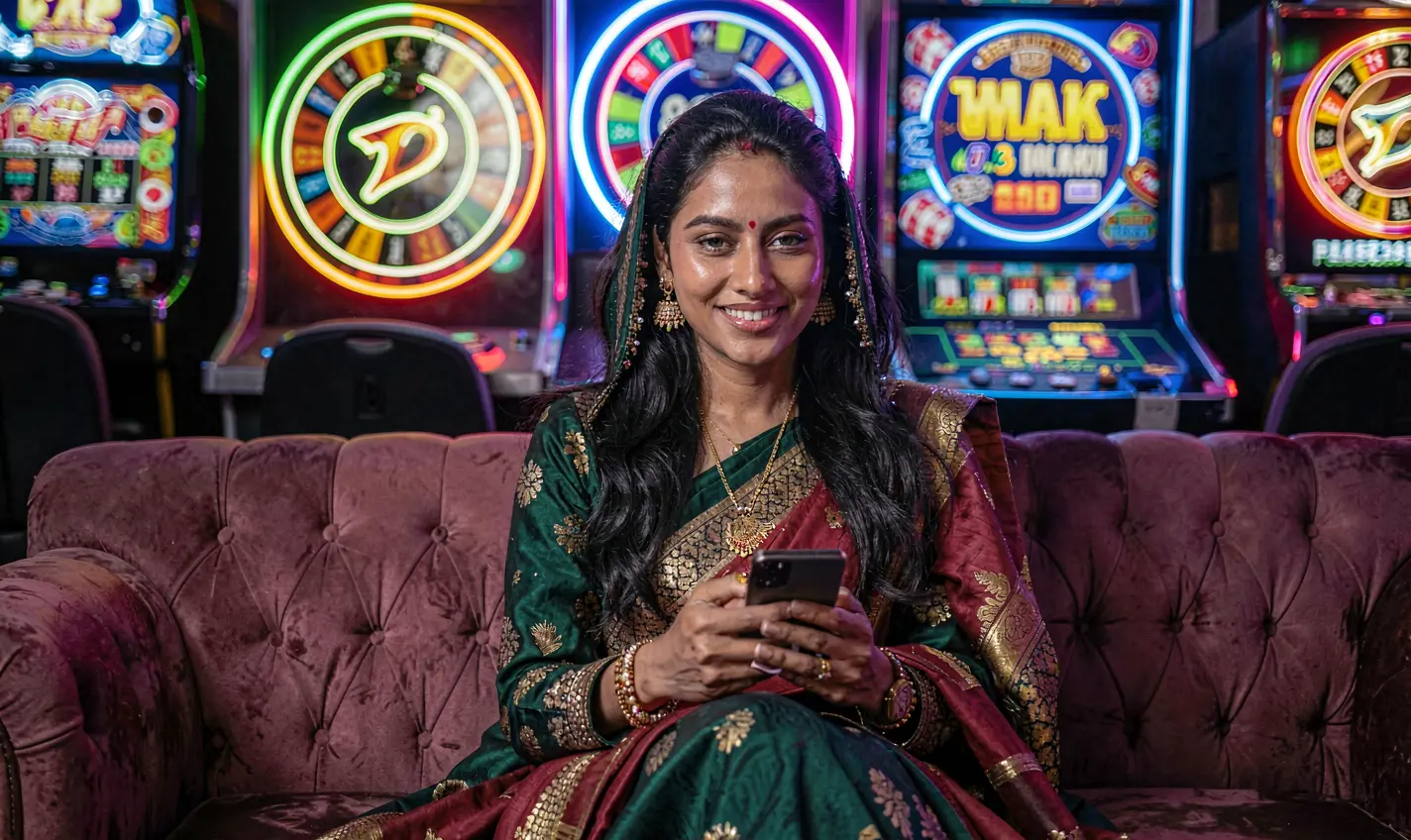Confident Bangladeshi woman holding her phone while sitting in a vibrant casino lounge showcasing the immersive 77JL app experience