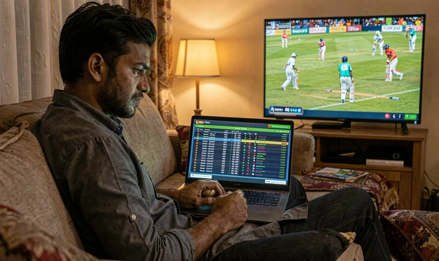 Focused Bangladeshi player placing real time sports bets on a laptop with 77JL while watching a live cricket match on TV at home