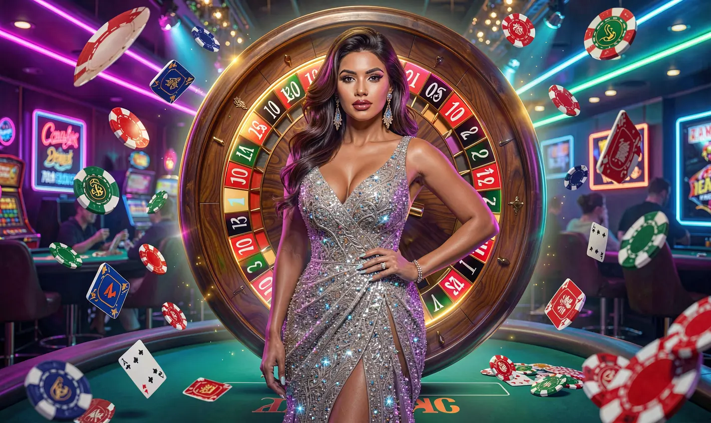 Confident casino woman in a sparkling dress with floating chips and a glowing roulette background representing premium gaming rewards at 77JL for Bangladesh