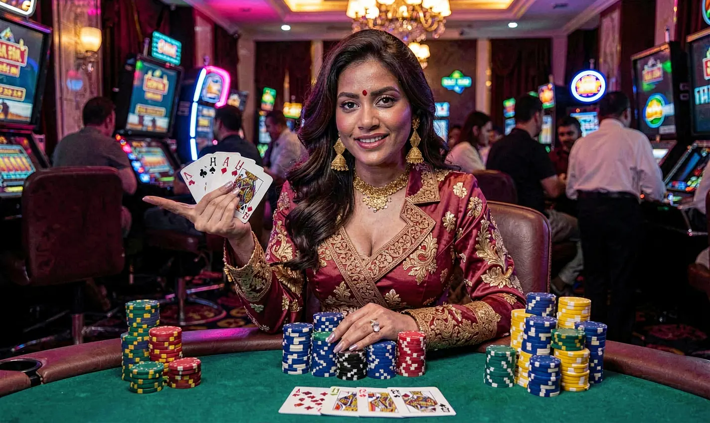 Elegant live casino dealer standing by a gaming table with stacked chips and a glowing city background representing trusted online gaming at 77JL Bangladesh