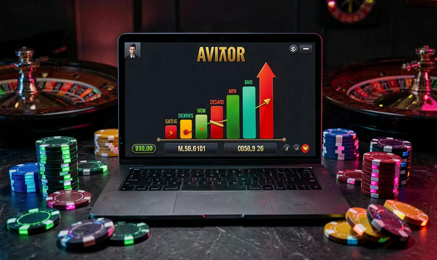 Stylish laptop displaying an Aviator multiplier game surrounded by casino chips and roulette visuals highlighting the immersive gaming environment at 77JL for players in Bangladesh