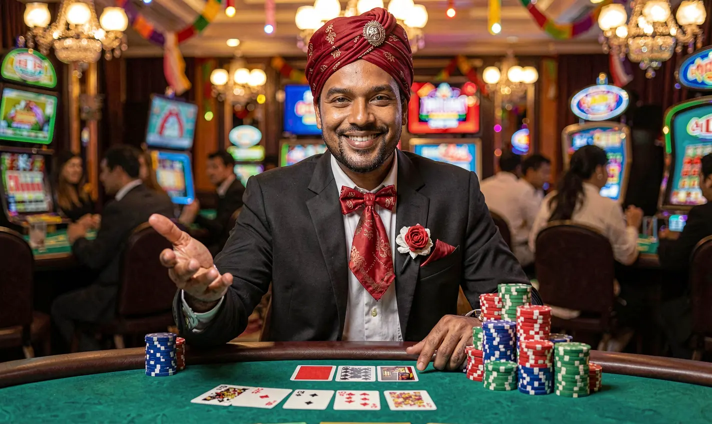 Elegant Bangladeshi casino host welcoming players at a vibrant gaming table with cards and chips inside the premium 77JL casino environment