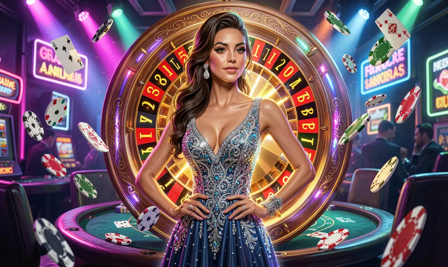 Glamorous woman in a sparkling dress in front of a glowing roulette wheel with flying chips showcasing the luxury casino atmosphere of 77JL for players in Bangladesh