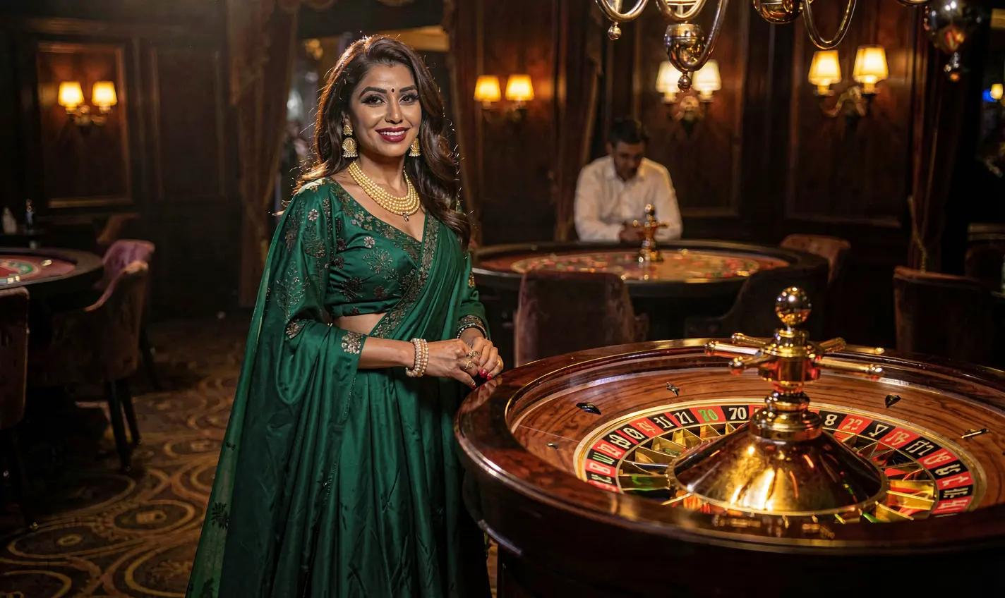 Elegant casino atmosphere with a glamorous woman in a luxury green dress near a roulette wheel showcasing the premium gaming experience at 77JL for players in Bangladesh