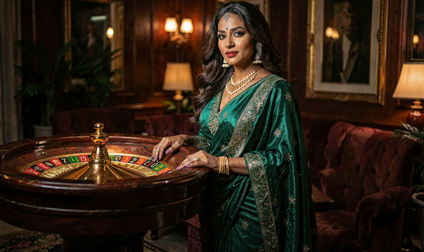 Elegant casino model standing near a vibrant roulette wheel inside a luxury gaming environment representing the premium casino atmosphere of 77JL in Bangladesh