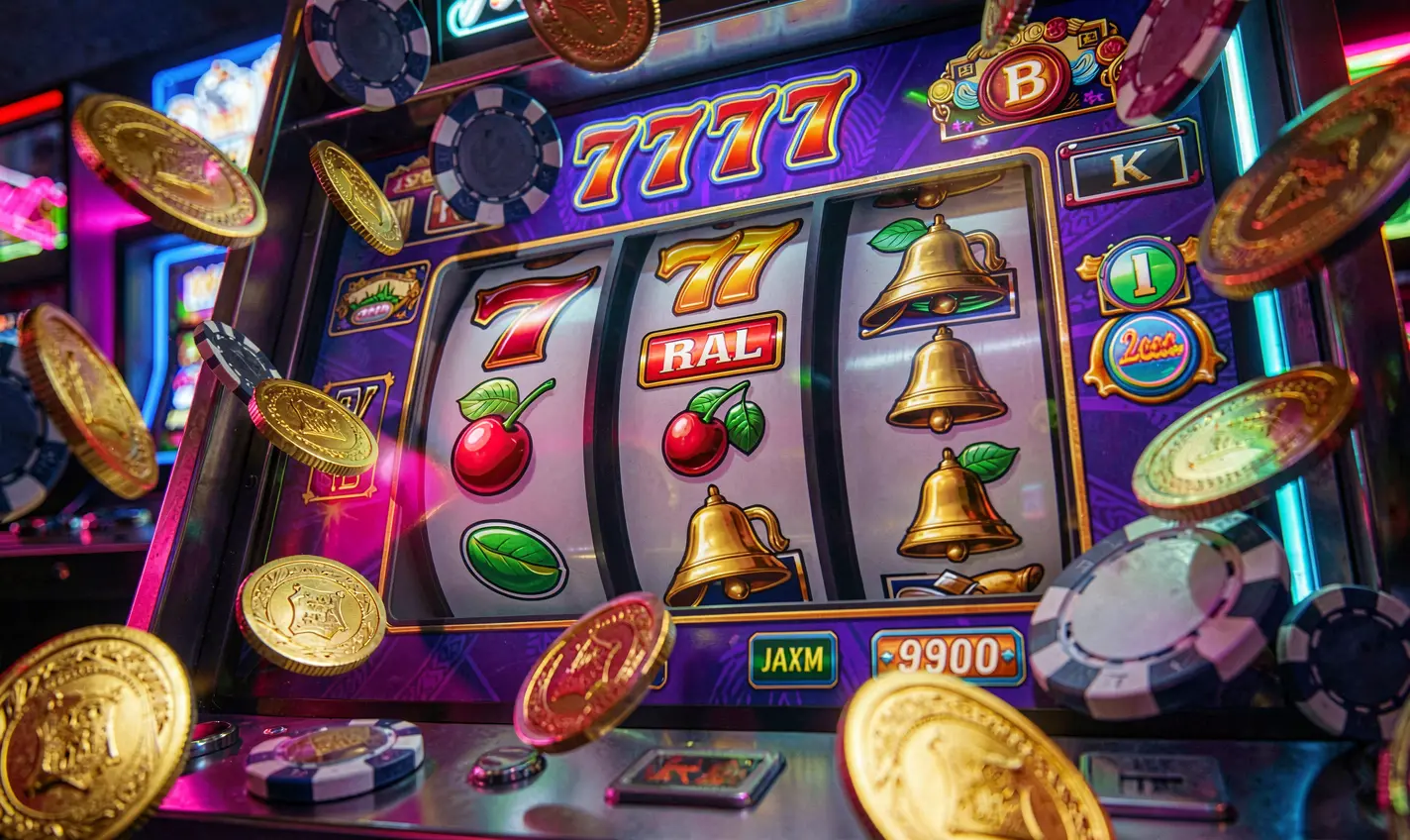 Classic slot machine reels showing triple sevens and flying gold coins capturing the excitement of winning at 77JL casino in Bangladesh